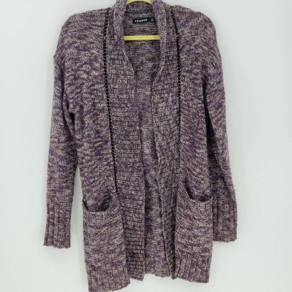 Trouve Space Dye Ribbed Knit Open Front Metal Detail Duster Cardigan Size Small
